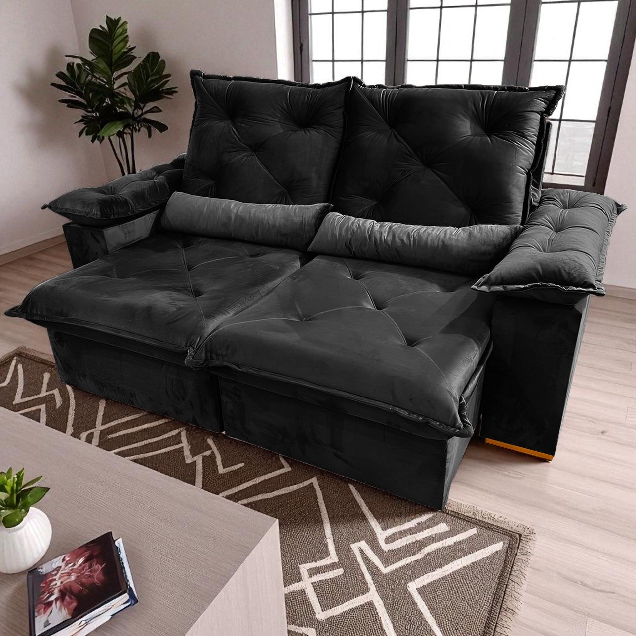 Sofá Retrátil e Reclinável Porto Madero/Brasão 2,00 m Veludo Preto - IMPERIAL DECOR