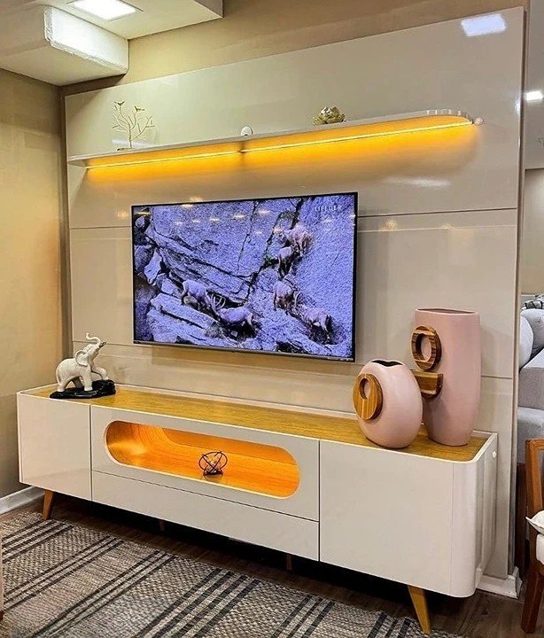 Painel até 85″ Royal 220 Off White + Rack Nobre 210 (Pés de Madeira) Off White/Naturale – GELIUS - Imagem 2