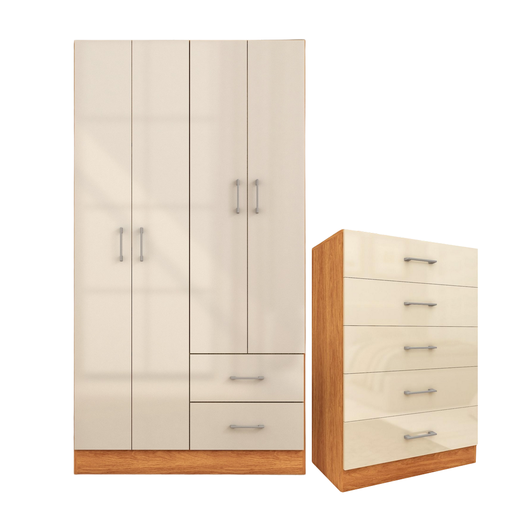 Guarda-Roupa 4 Portas Panamá 4002 + Cômoda 5 Gavetas Aruba Cinamomo/Off White – FELLICCI - Imagem 3