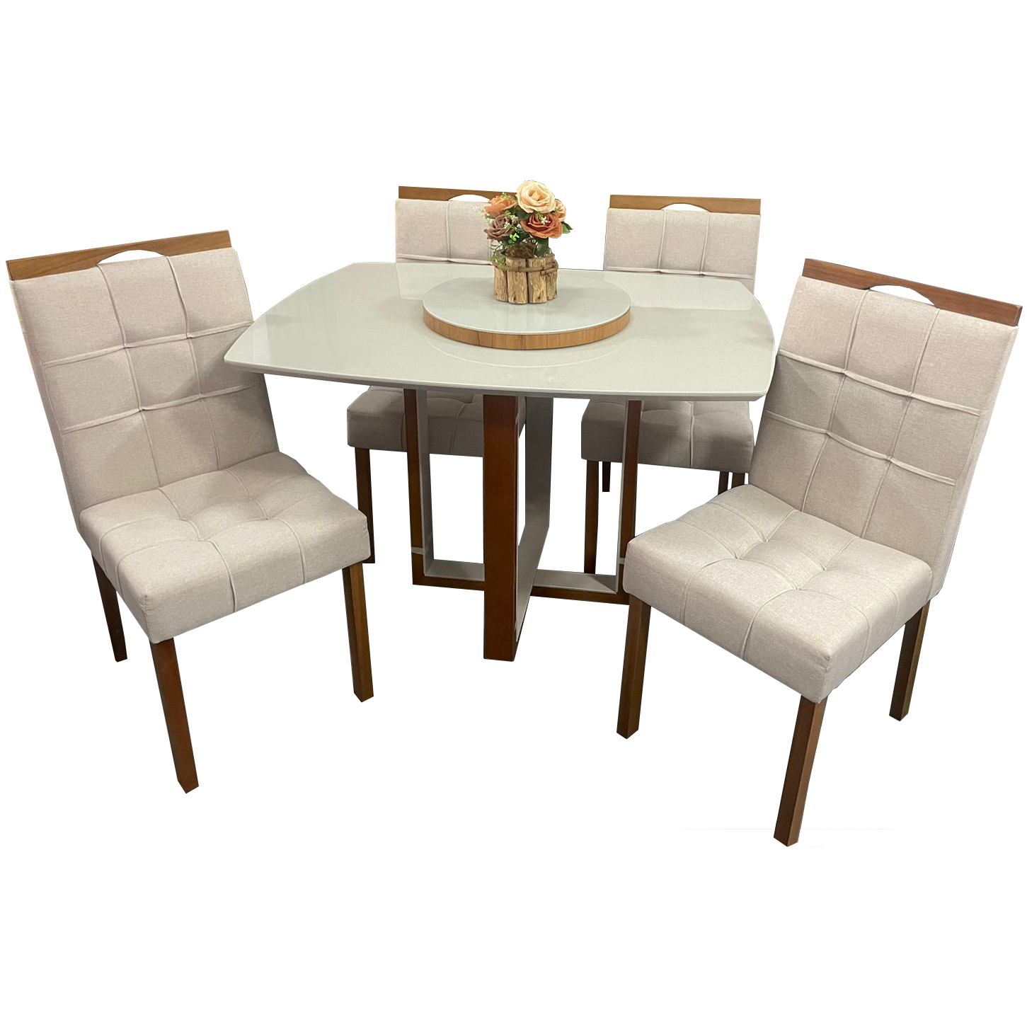 Mesa Atlas Mel/Off White Canto Barril 120×90 com 4 Cadeiras Sophia Mel/Veludo Bege – ART ASSENTOS + WM DECOR - Imagem 3