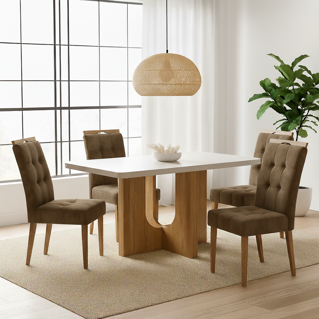 Mesa Dora 120 (Tampo 40 mm) Cinamomo/Off White com 4 Cadeiras Sophia Veludo Marrom – VALDEMÓVEIS + WM DECOR