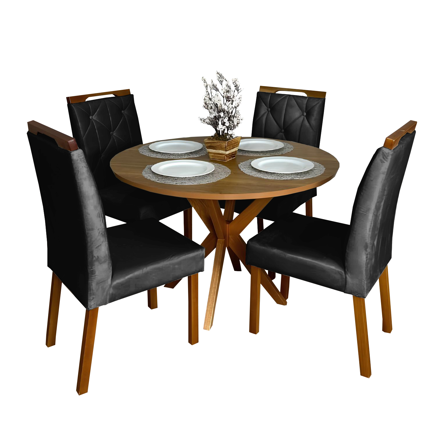 Mesa Redonda Simpatia 108 Cinamono com 4 Cadeiras Yasmim Veludo Preto – JCM MOVELARIA + KM DECOR - Imagem 2
