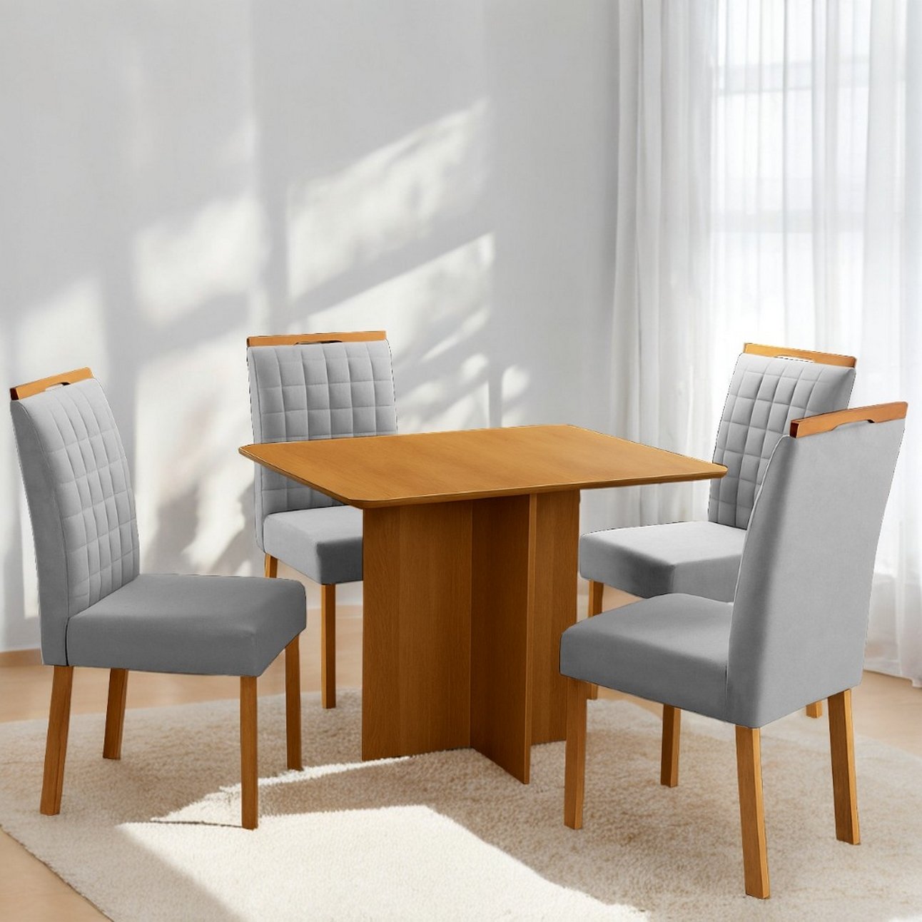 Mesa Pérola 90 Imbuia Mel (Tampo Viena s/vidro) + 4 Cadeiras Pandora 01 Veludo Cinza Prata 127 – CARVALHO DECOR