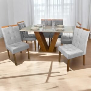 Mesa Classic 160 Cinamomo/Off White com 6 Cadeiras Sophia Mel/Linho Cinza Grafite – CEL MÓVEIS + WM DECOR