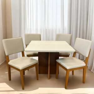 Mesa Salinas/Helô/Los Angeles 120 Cinamomo/Off White com 4 Cadeiras Pérola Linho Bege – CEL MÓVEIS+ DOBUÊ MOVELARIA