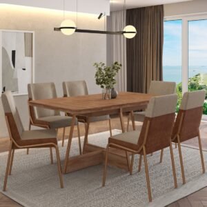 Mesa Átria 1592 160 Rosê Cobre/Nogal Freijó com 6 Cadeiras Hug 1749 Rosê Cobre/Linho Areia/Corino Caramelo - CARRARO