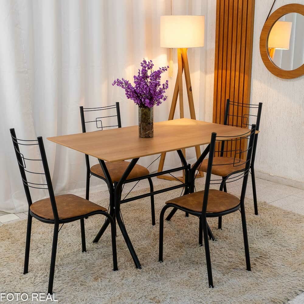 Mesa Paraty Base Cabo Frio Preto Tampo Madeirado 120×75 4 Cadeiras Paraty Assento Marrom - Teixeira - Imagem 2