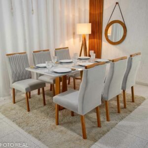 Mesa Pedro Mel Vidro OFF 160×80 6 Cadeiras Genova Veludo Prata 514 Madeira Maciça Art Assento - Entregue Montada