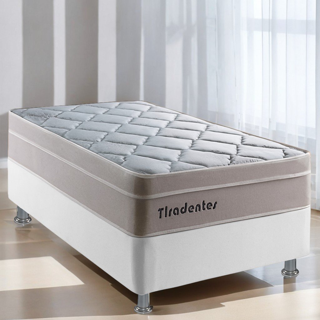 Colchão Solteiro Tiradentes D28 + Base Box Simples Corino Branco – COLCHOMINAS + ALTO NÍVEL CAMAS E COLCHÕES