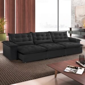 Sofá Retrátil e Reclinável Niger 3,10 m Veludo Preto B013 - TREVO ESTOFADOS