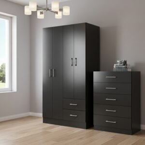 Guarda-Roupa 4 Portas Panamá 4002 + Cômoda 5 Gavetas Aruba Preto - FELLICCI