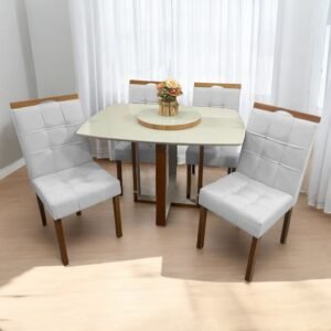 Mesa Atlas Mel/Off White Canto Barril 120×90 com 4 Cadeiras Sophia Mel/Linho Cinza Prata 206 – ART ASSENTOS + WM DECOR