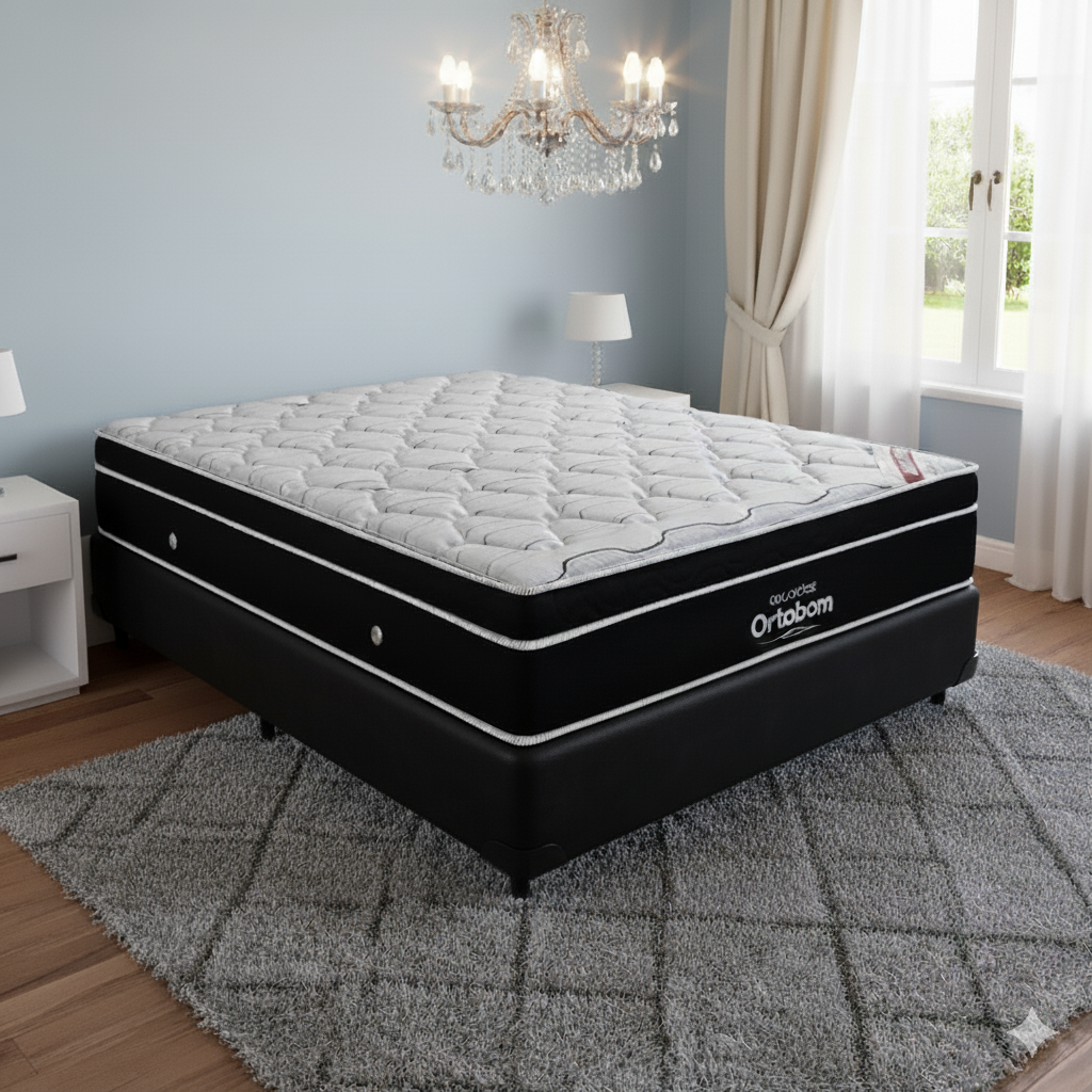 Colchão Casal Elegant Superpocket D33 + Base Box Simples Corino Preto – ORTOBOM + BIOSTAR