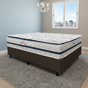 Colchão Casal Blue D33 + Base Box Simples Corino Marrom – PAROPAS + ALTO NÍVEL CAMAS E COLCHÕES