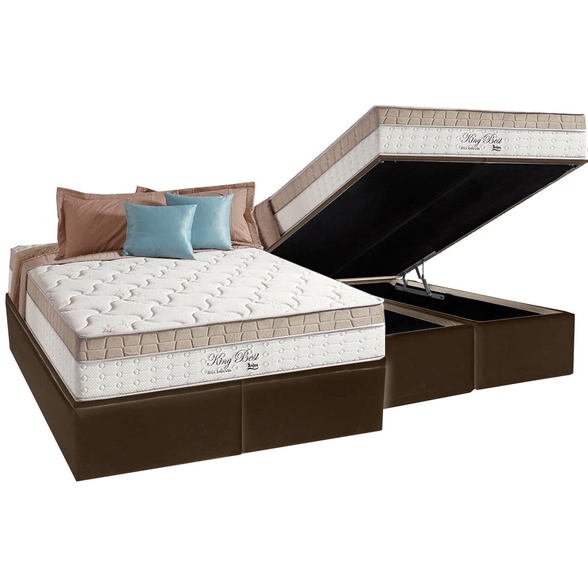 Colchão Queen King Best D28 + Base Box Baú Corino Marrom – ANJOS COLCHÕES + ALTO NÍVEL CAMAS E COLCHÕES