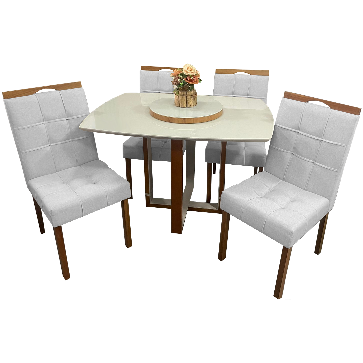 Mesa Atlas Mel/Off White Canto Barril 120×90 com 4 Cadeiras Sophia Mel/Linho Cinza Prata 206 – ART ASSENTOS + WM DECOR - Imagem 3