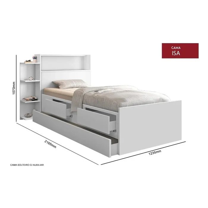 Cama Solteiro Baú Isa + Auxiliar Mili Branco - MADEC/VJ MÓVEIS - Imagem 4