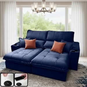 Sofá Retrátil e Reclinável Afrodite Slim 2,50 m Veludo Azul 104 – ZARAT ESTOFADOS