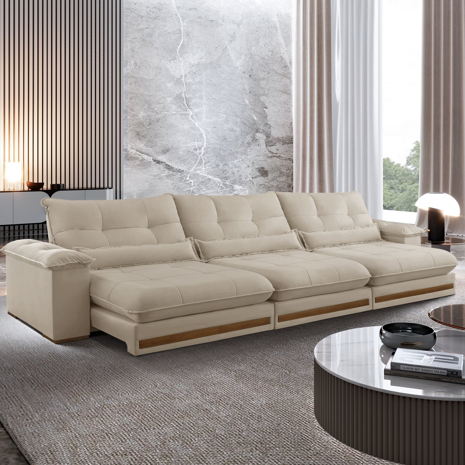 Sofá Retrátil e Reclinável Qatar 3,50 m Veludo Marfim B015 - TREVO ESTOFADOS