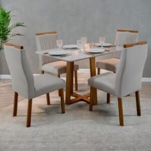 Mesa Pedro 120 Mel/Off White com 4 Cadeiras Gênova Veludo Marfim – ART ASSENTOS