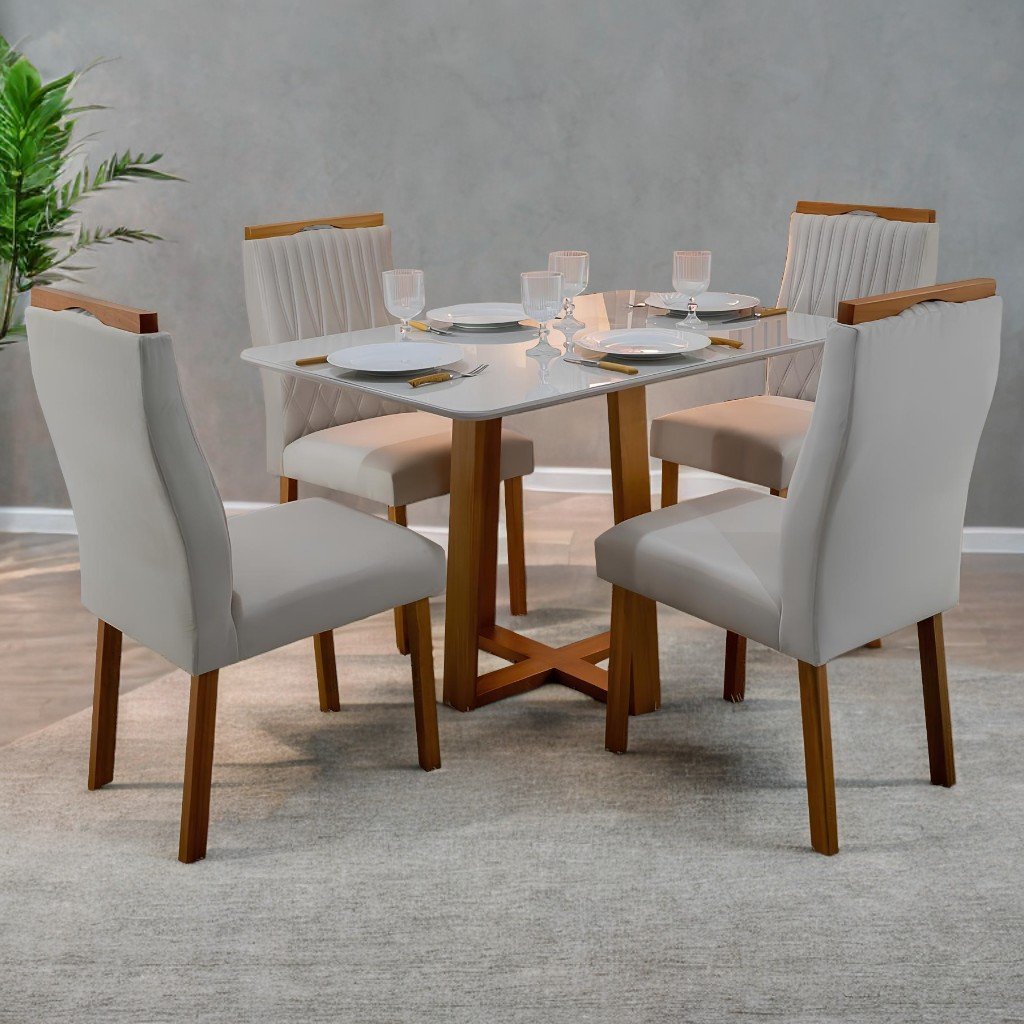 Mesa Pedro 120 Mel/Off White com 4 Cadeiras Gênova Veludo Marfim – ART ASSENTOS