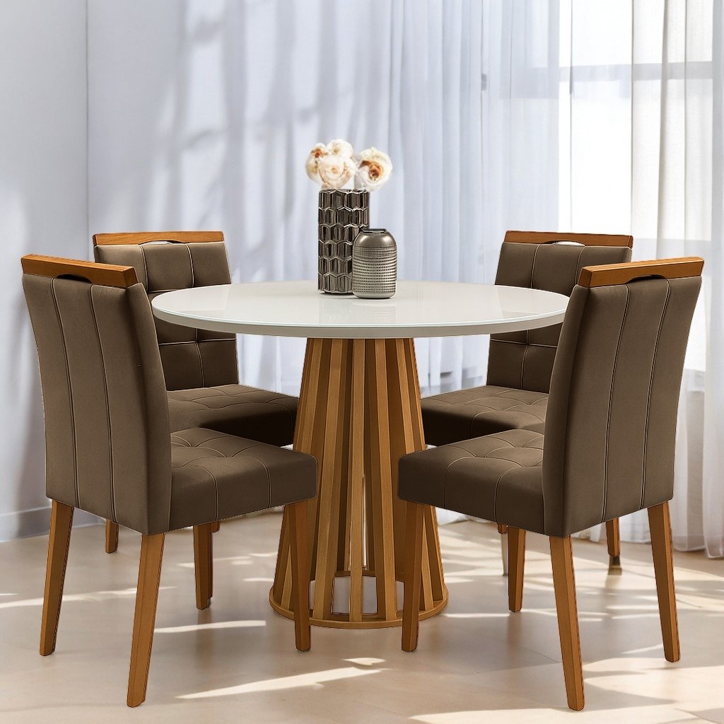 Mesa Redonda Berlim 100 Cinamono/Off White com 4 Cadeiras Sophia Veludo Marrom – CEL MÓVEIS + WM DECOR
