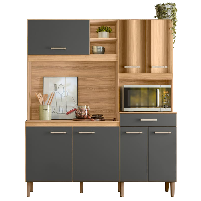 Kit Cozinha Yara 1,60 m Freijó/Chumbo/Ripado - NICIOLI - Imagem 2