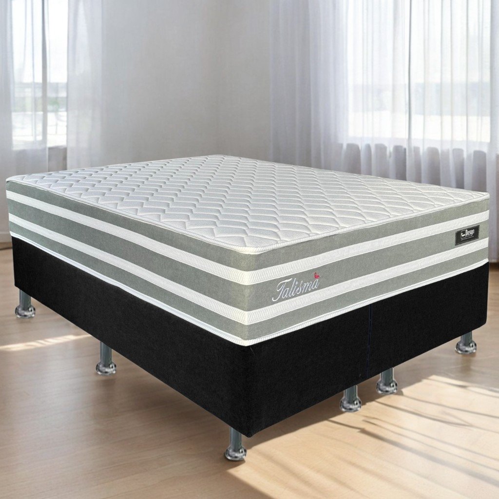 Colchão Queen Talismã D28 + Base Box Simples Corino Preto – DESIGN COLCHÕES + ALTO NÍVEL CAMAS E COLCHÕES