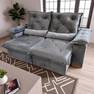 Sofá Retrátil e Reclinável Porto Madero/Brasão 2,00 m Veludo Cinza Grafite - IMPERIAL DECOR