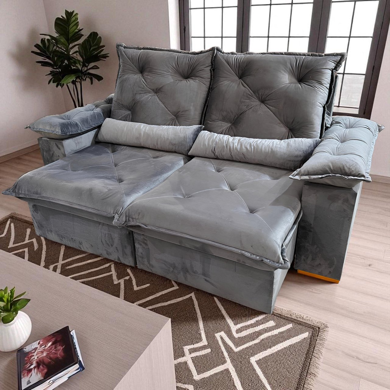 Sofá Retrátil e Reclinável Porto Madero/Brasão 2,00 m Veludo Cinza Grafite - IMPERIAL DECOR