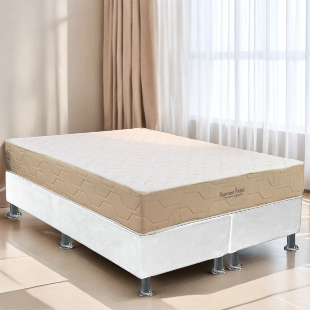 Colchão Queen Supreme Pocket D26 + Base Box Simples Corino Branco – INOVAFLEX + ALTO NÍVEL CAMAS E COLCHÕES