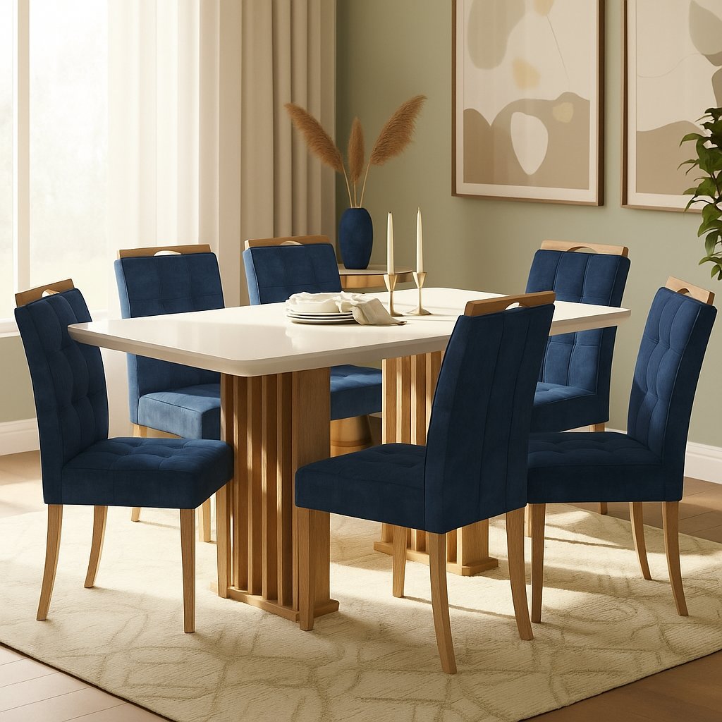 Mesa Mona/Munique 160 Mel/Blonde Off White com 6 Cadeiras Sophia Veludo Azul – VIERO MÓVEIS + WM DECOR