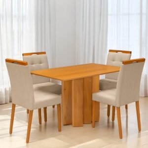 Mesa Recife 120 Cinamono Laminado com 4 Cadeiras Sophia Linho Bege 200 – CEL MÓVEIS + WM DECOR