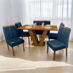 Mesa Classic 160 Cinamomo Laminado com 6 Cadeiras Sophia Mel/Veludo Azul – CEL MÓVEIS + WM DECOR