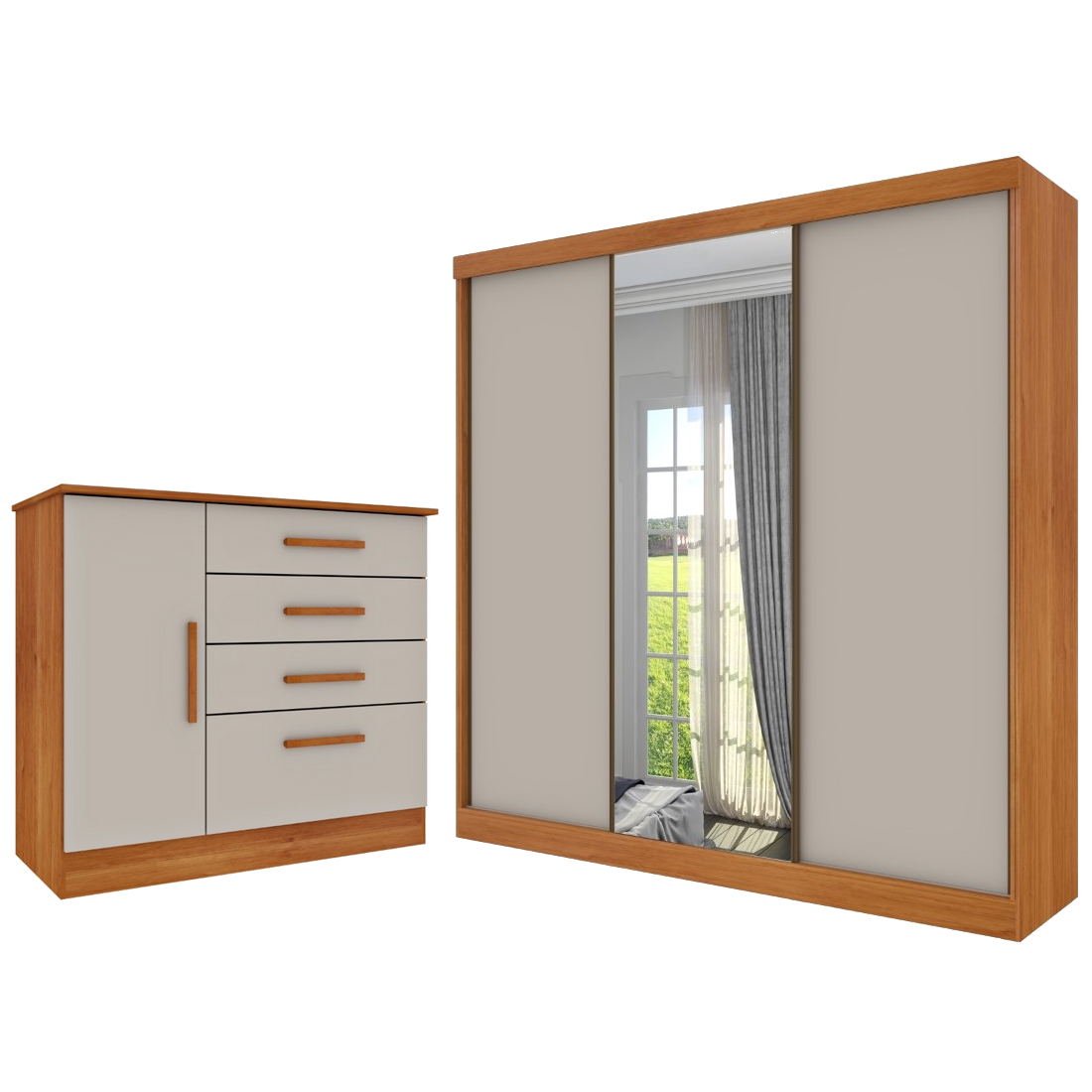 Guarda-Roupa 3 Portas Dacar/Senegal + Cômoda Chicago/Berlim Cinamono/Off White - TCIL - Imagem 2