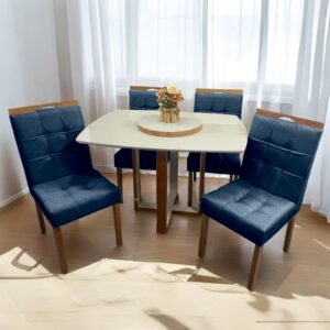 Mesa Atlas Mel/Off White Canto Barril 120×90 com 4 Cadeiras Sophia Mel/Veludo Azul – ART ASSENTOS + WM DECOR