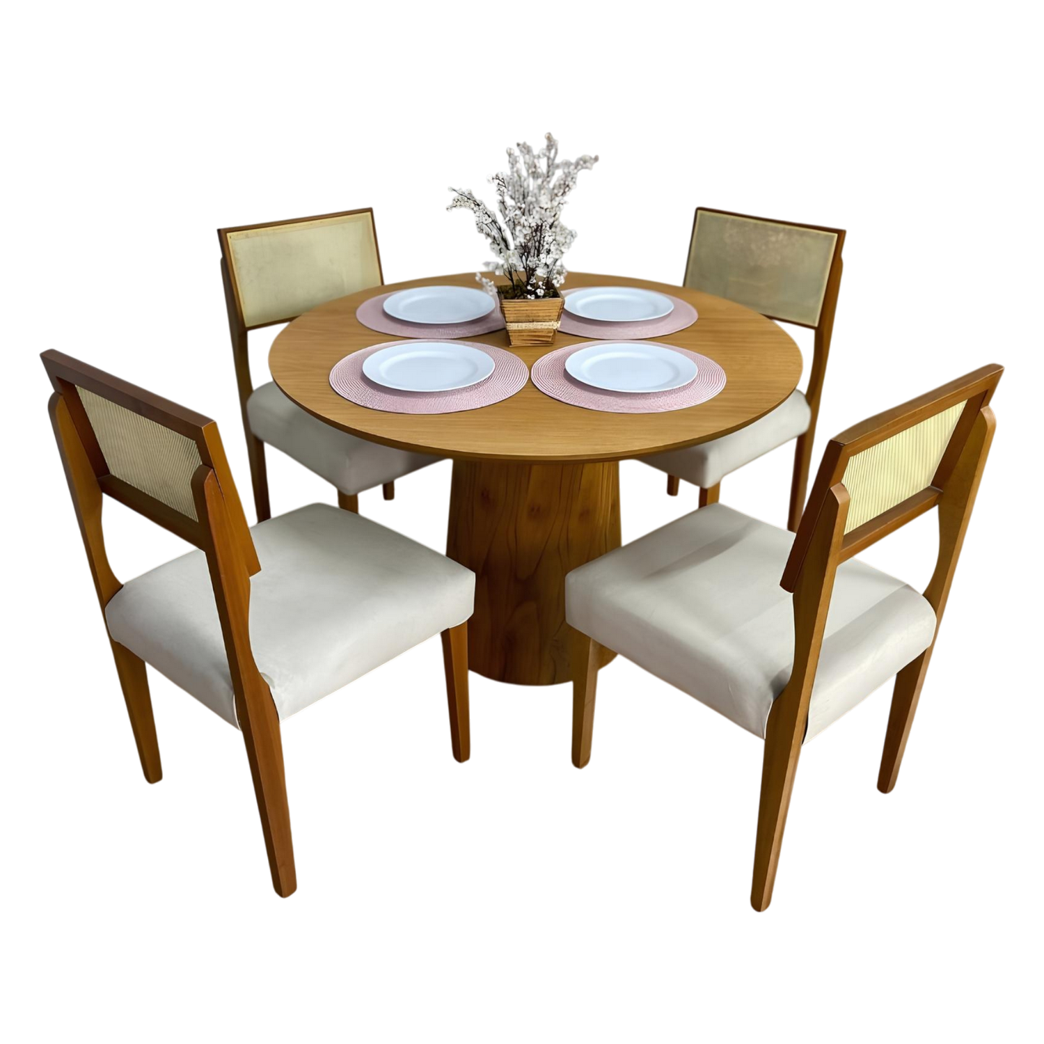 Mesa Redonda Malva 110 Mel com 4 Cadeiras Grécia Mel/Linho Bege – J SILVA MÓVEIS + HR MOVELARIA - Imagem 3