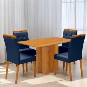 Mesa Recife 120 Cinamono Laminado com 4 Cadeiras Sophia Veludo Azul – CEL MÓVEIS + WM DECOR