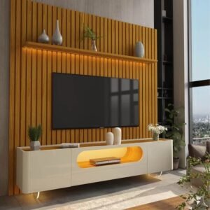 Painel até 85" Nobre 230 Naturale + Rack Nobre 210 (Pés de Vidro) Off White/Naturale - GELIUS