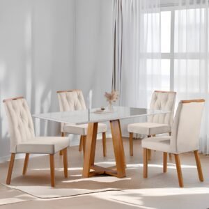 Mesa Ayres 120 Mel/Off White com 4 Cadeiras Yasmim Veludo Bege – VIEIRA DECOR
