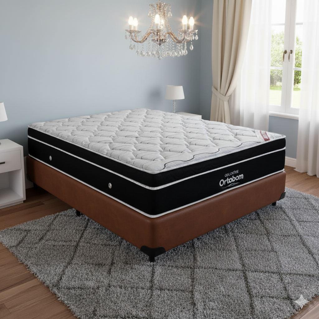 Colchão Casal Elegant Superpocket D33 + Base Box Simples Corino Marrom – ORTOBOM + BIOSTAR