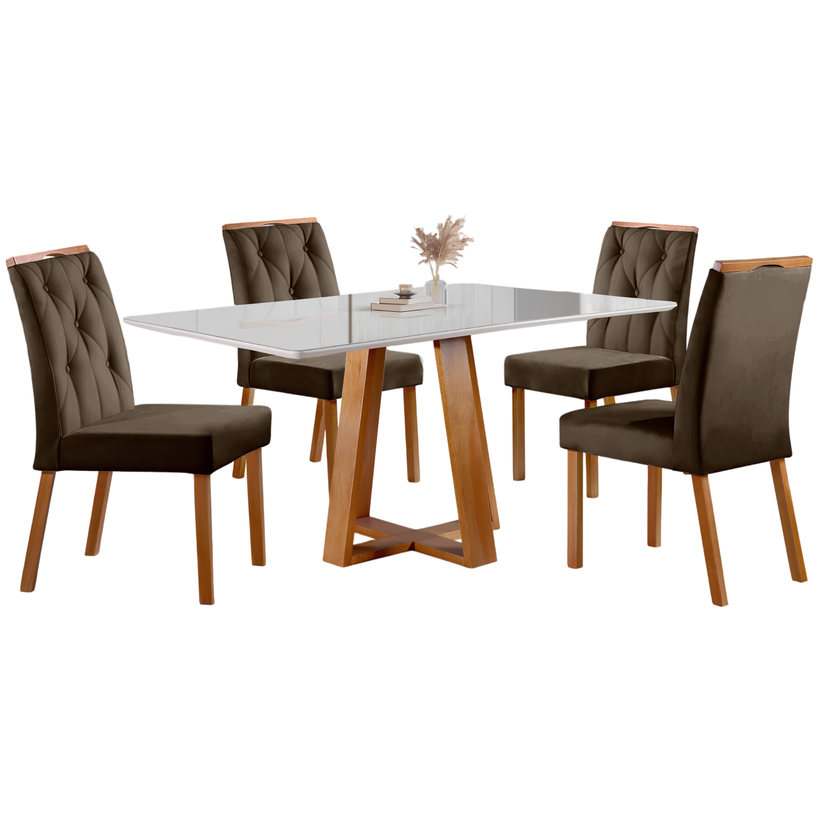Mesa Ayres 120 Mel/Off White com 4 Cadeiras Yasmim Veludo Marrom – VIEIRA DECOR - Imagem 3