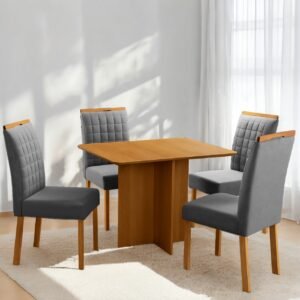 Mesa Pérola 120 Imbuia Mel (Tampo Viena s/vidro) + 4 Cadeiras Pandora 01 Veludo Cinza Grafite 414 – CARVALHO DECOR