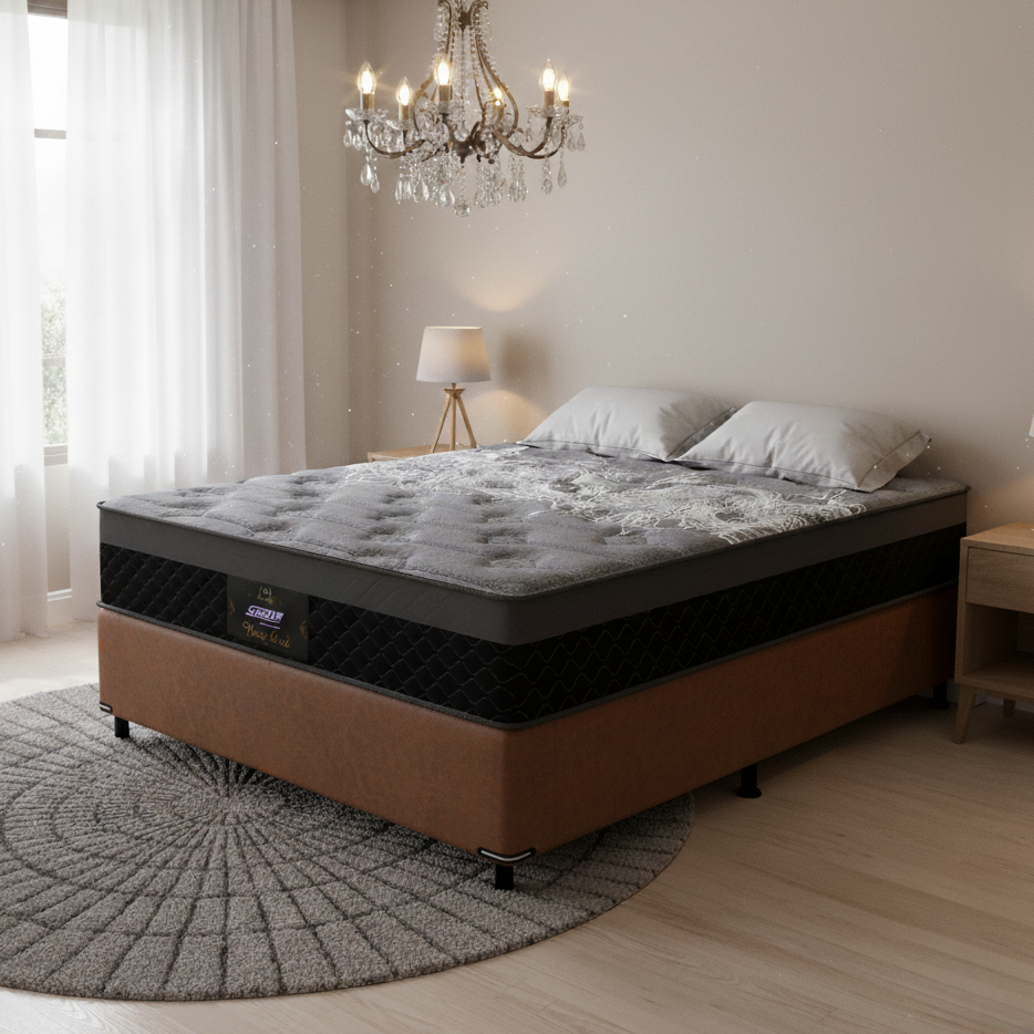 Colchão Casal New York D28 + Base Box Simples Corino Marrom – GAZIN COLCHÕES + BIOSTAR