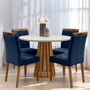 Mesa Redonda Berlim 100 Cinamono/Off White com 4 Cadeiras Sophia Veludo Azul – CEL MÓVEIS + WM DECOR