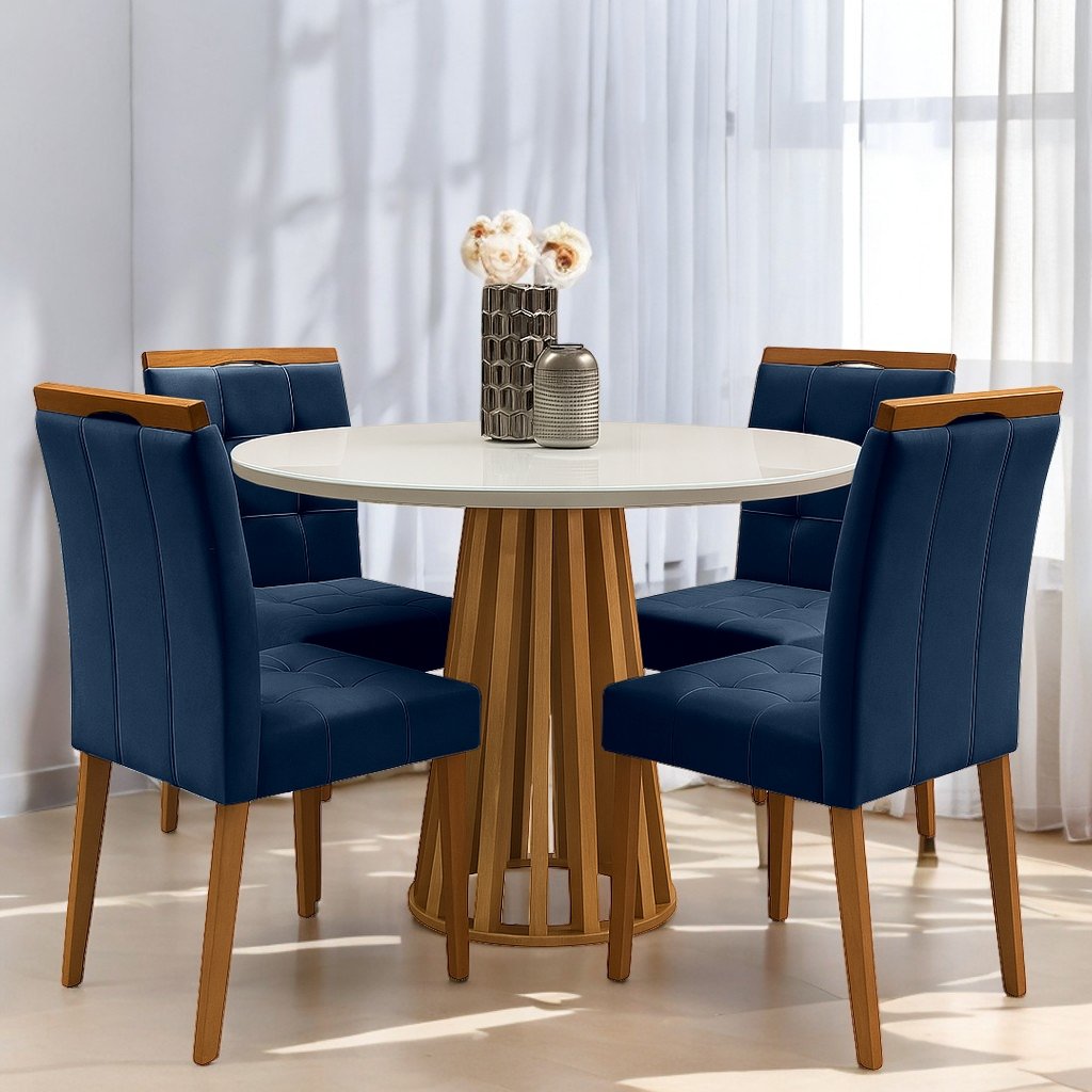 Mesa Redonda Berlim 100 Cinamono/Off White com 4 Cadeiras Sophia Veludo Azul – CEL MÓVEIS + WM DECOR
