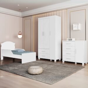 Guarda-Roupa 3 Portas Lívia + Cômoda Lívia + Mini Cama Juvenil Lívia Branco(Sem adesivo) – MADEC/VJ MÓVEIS