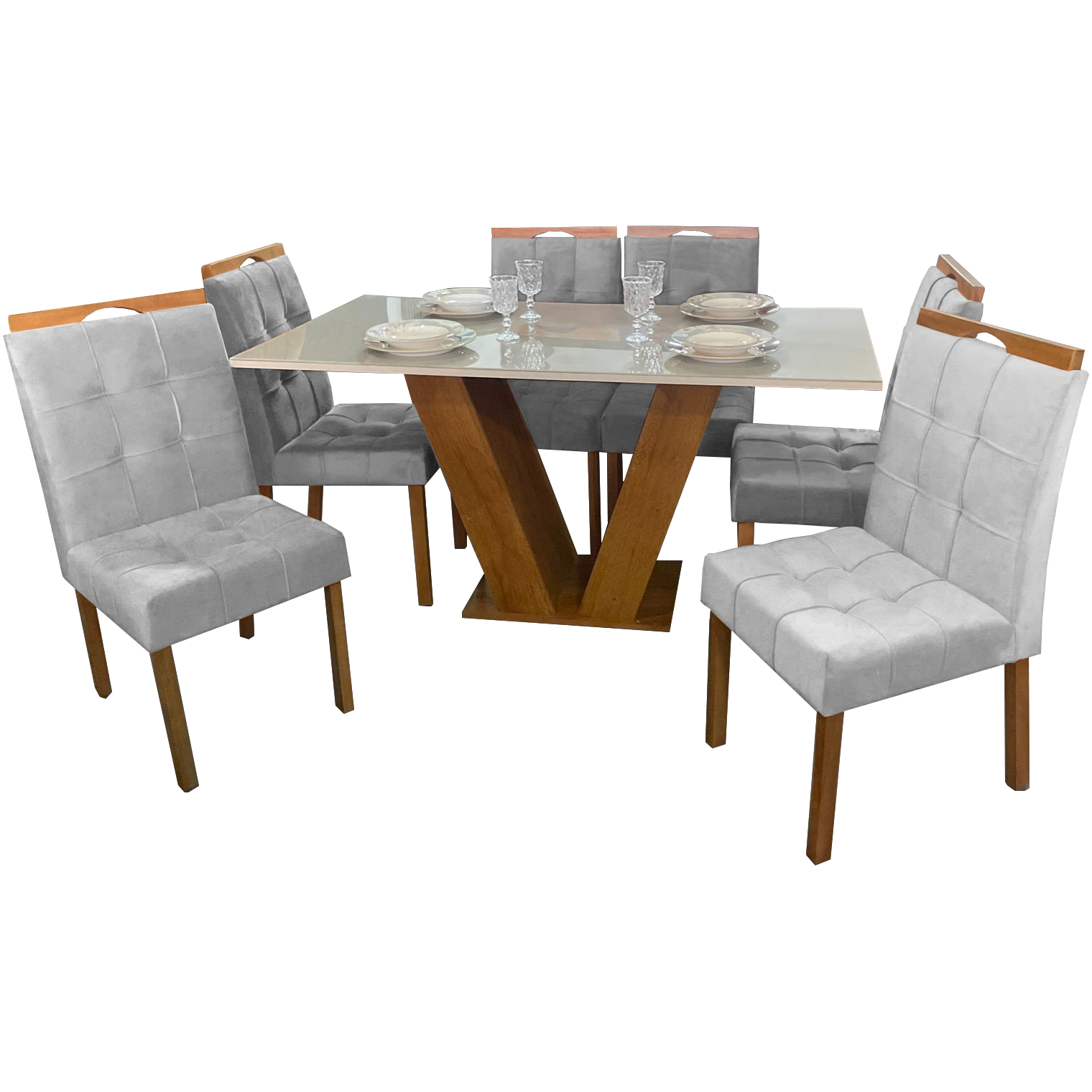 Mesa Classic 160 Cinamomo/Off White com 6 Cadeiras Sophia Mel/Linho Cinza Grafite – CEL MÓVEIS + WM DECOR - Imagem 3