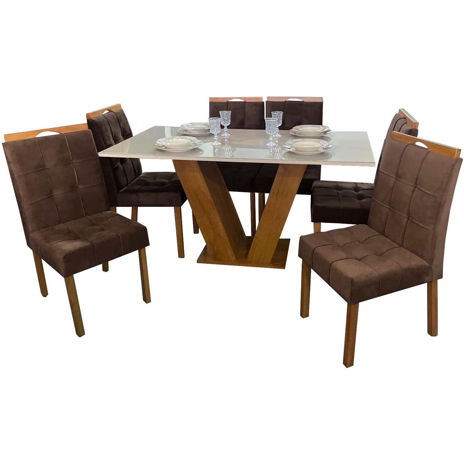 Mesa Classic 160 Cinamomo/Off White com 6 Cadeiras Sophia Mel/Veludo Marrom – CEL MÓVEIS + WM DECOR - Imagem 3