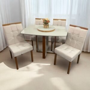 Mesa Atlas Mel/Off White Canto Barril 120×90 com 4 Cadeiras Sophia Mel/Veludo Bege – ART ASSENTOS + WM DECOR